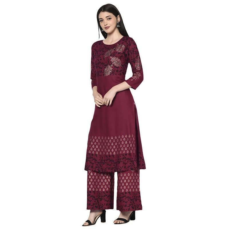 Women's Maroon Rayon Block print straight kurta