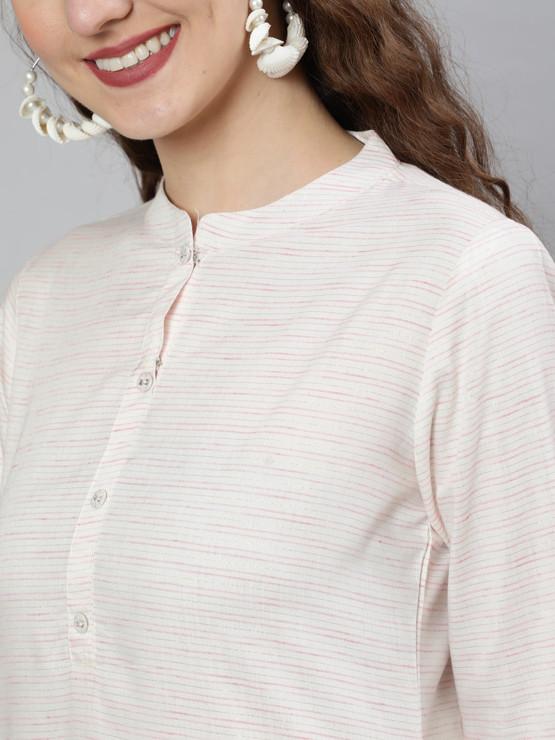 Women's Off-White and Pink Printed Straight Tunic With Three Quarter Sleeves - Nayo Clothing