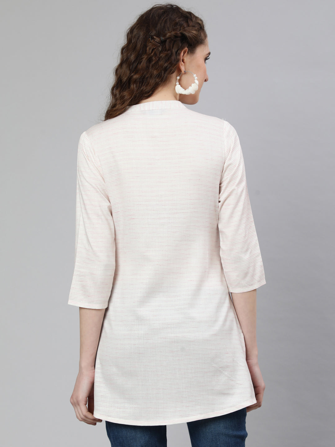 Women's Off-White and Pink Printed Straight Tunic With Three Quarter Sleeves - Nayo Clothing