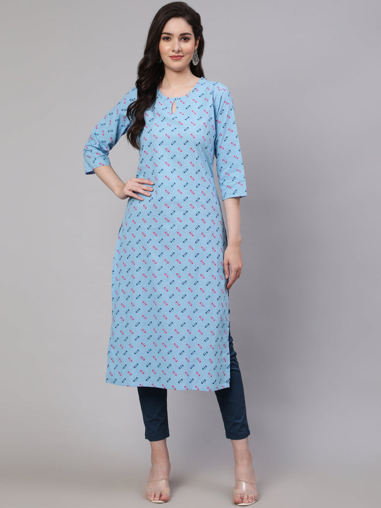 Women's Blue Ethnic Printed Straight Kurta with Three Quarter Sleeves