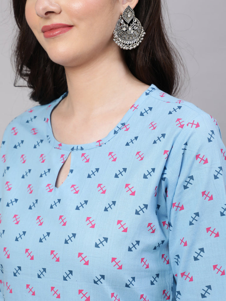 Women's Blue Ethnic Printed Straight Kurta with Three Quarter Sleeves