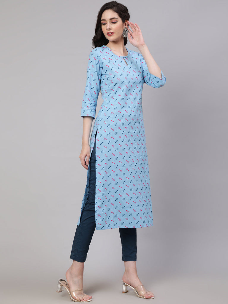 Women's Blue Ethnic Printed Straight Kurta with Three Quarter Sleeves