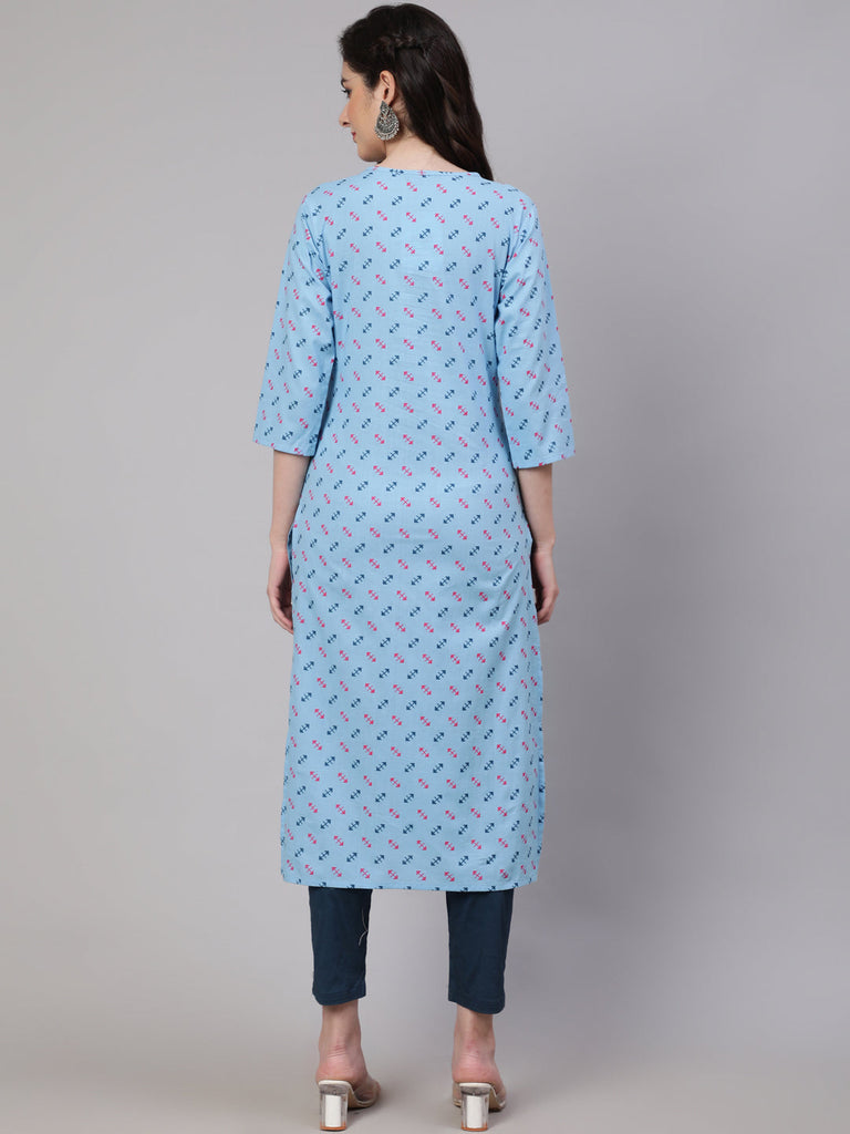 Women's Blue Ethnic Printed Straight Kurta with Three Quarter Sleeves