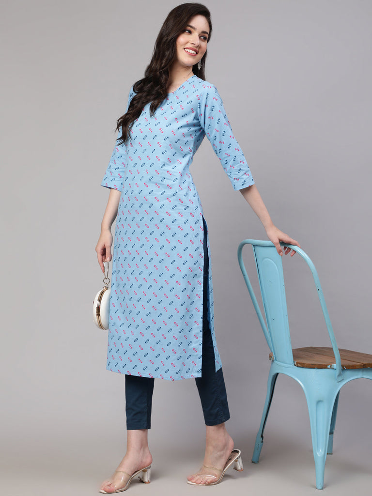 Women's Blue Ethnic Printed Straight Kurta with Three Quarter Sleeves