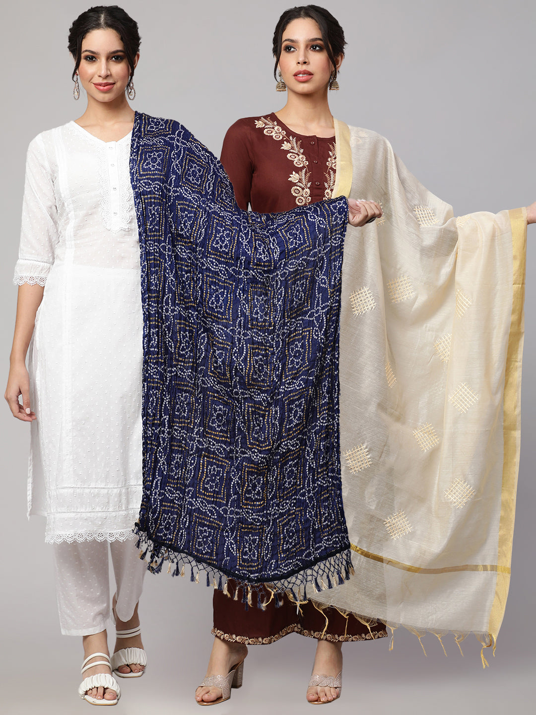 Women's Blue Bandhini And Beige Solid Dupatta Combo, Pack Of Two - Nayo Clothing