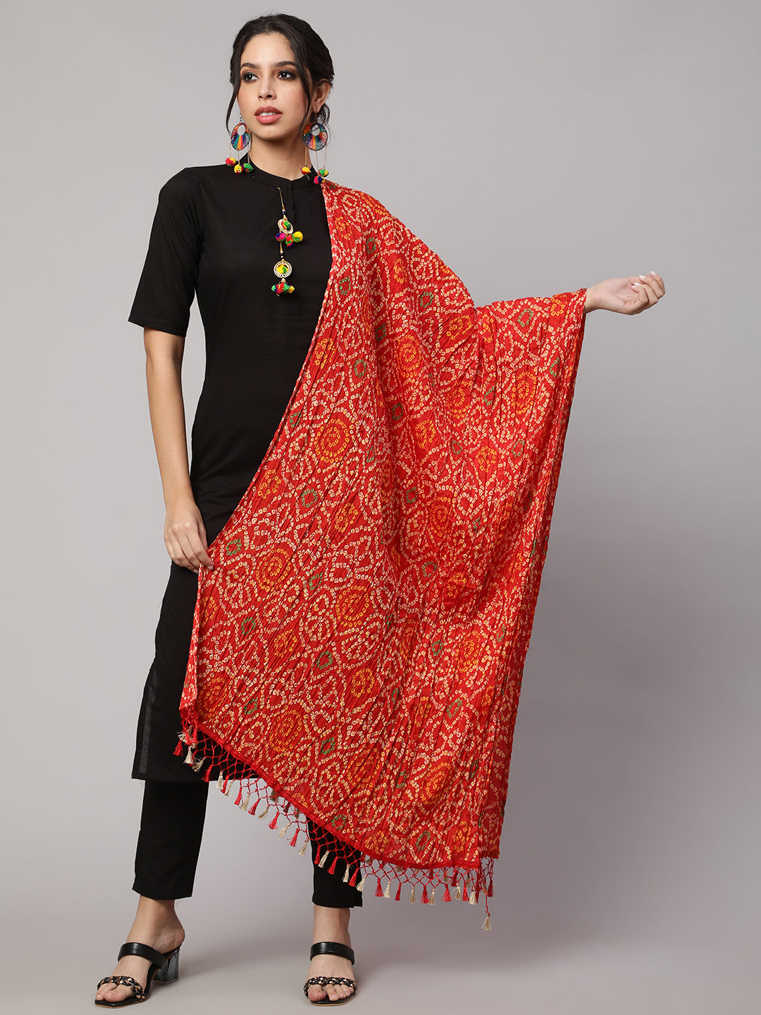 Women's Grey Printed And Red Bandhini Dupatta Combo, Pack Of Two - Nayo Clothing