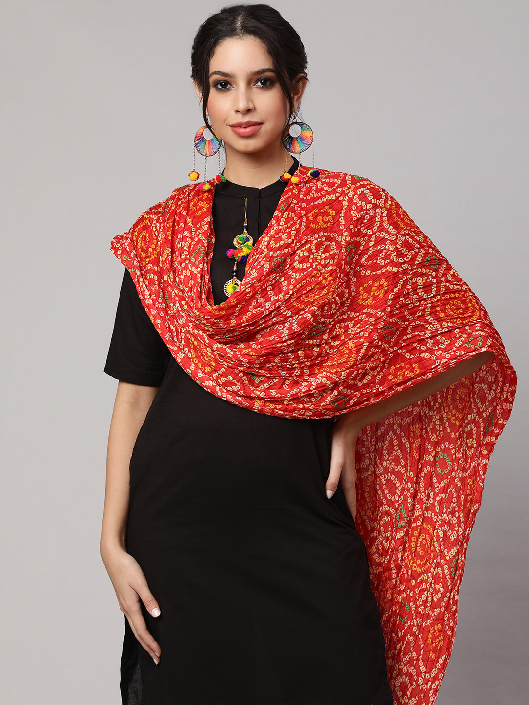 Women's Grey Printed And Red Bandhini Dupatta Combo, Pack Of Two - Nayo Clothing