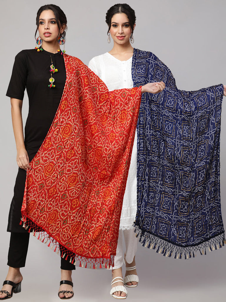 Women's Blue Bandhini And Red Bandhani Dupatta Combo, Pack Of Two