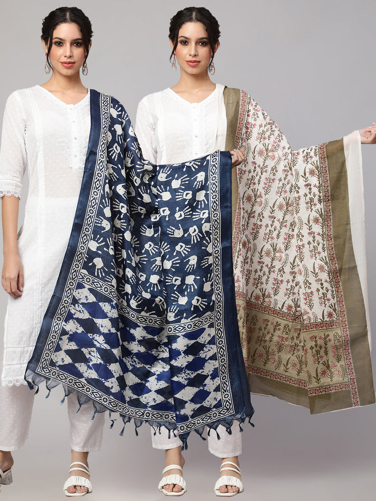 Women's Blue And Off White Printed Dupatta Combo, Pack Of Two