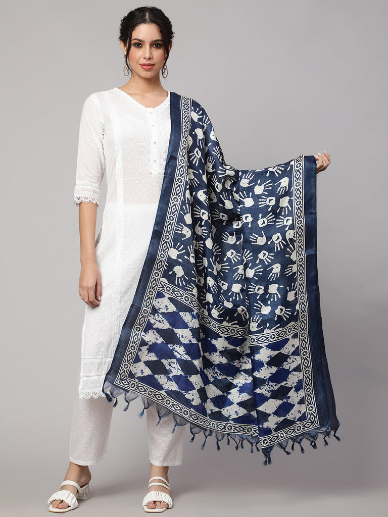 Women's Blue And Off White Printed Dupatta Combo, Pack Of Two