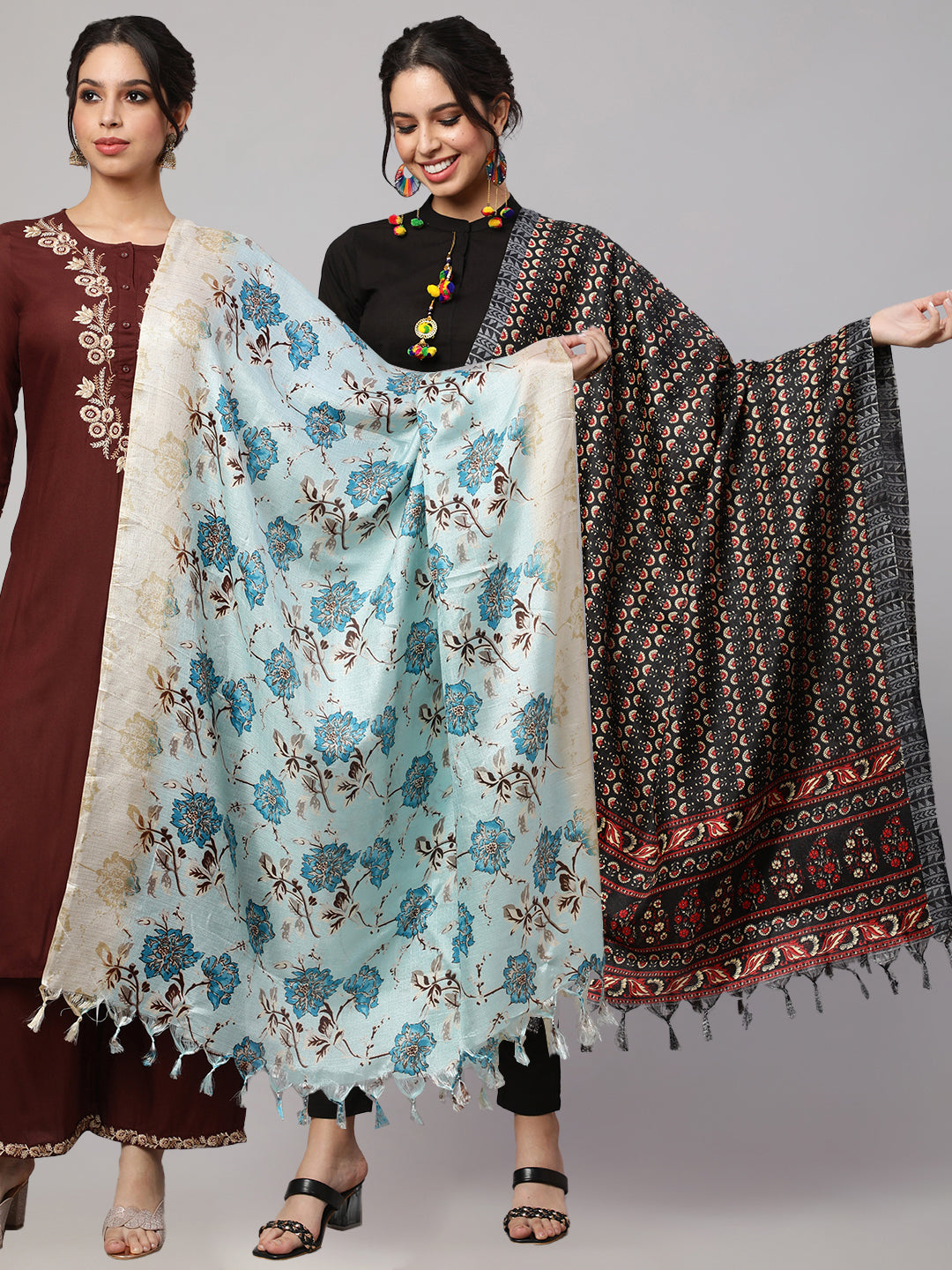 Women's Black And Beige Printed Dupatta Combo, Pack Of Two - Nayo Clothing