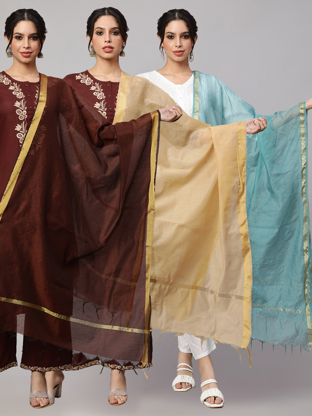 Women's Dupatta combo, Pack Of Three Brown, Beige, & Blue - Nayo Clothing