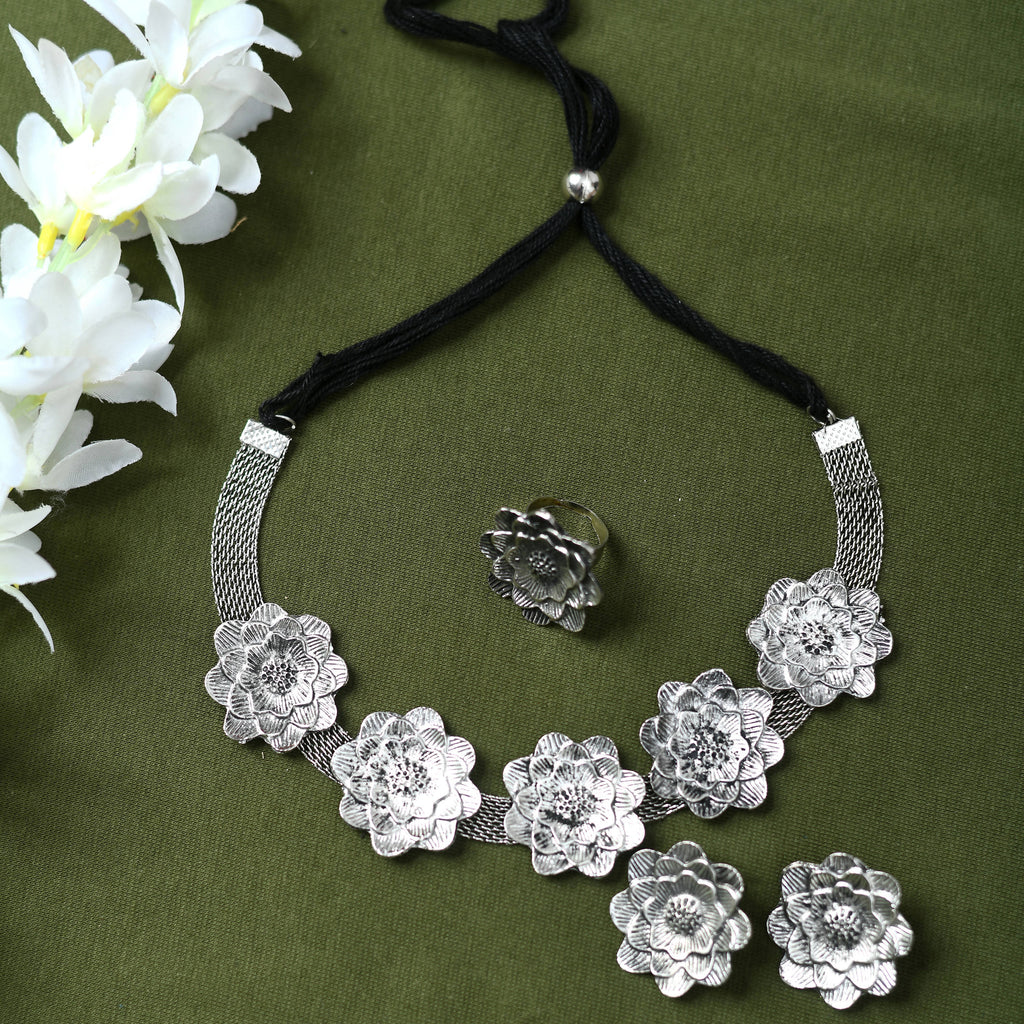 Johar Kamal German Silver Oxidised Choker Set Rose D