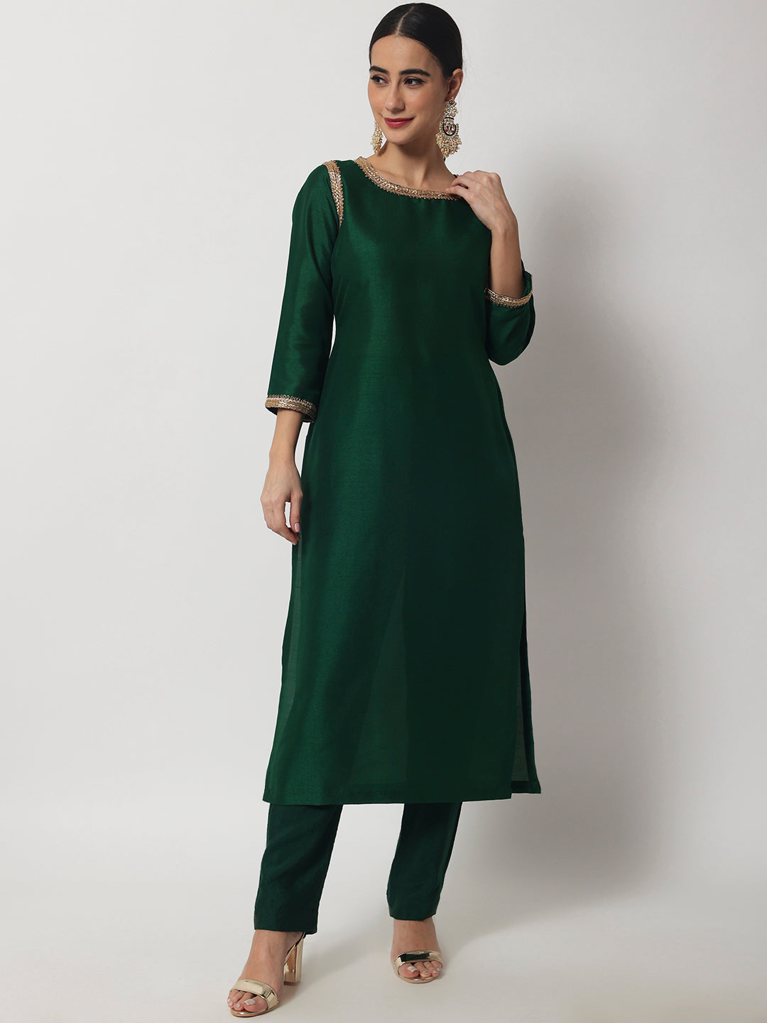 Women's Emerald Green Straight Kurti With Straight Pants - Anokherang