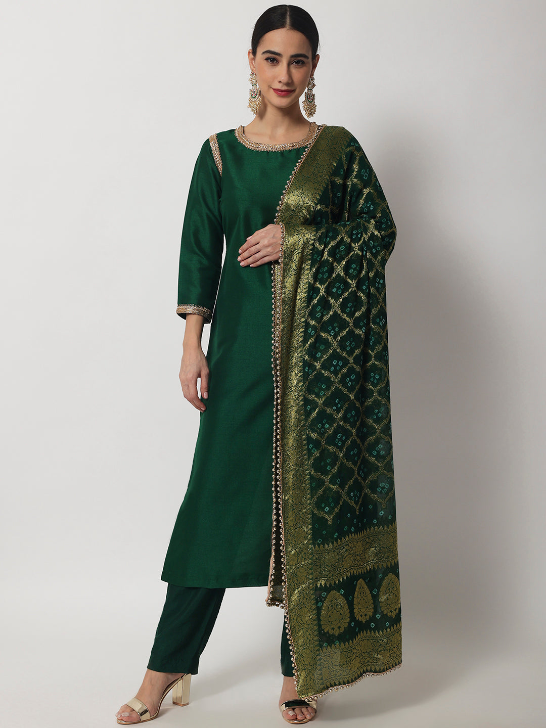 Women's Emerald Green Straight Kurti With Straight Pants And Banarasi Bandhej Dupatta - Anokherang