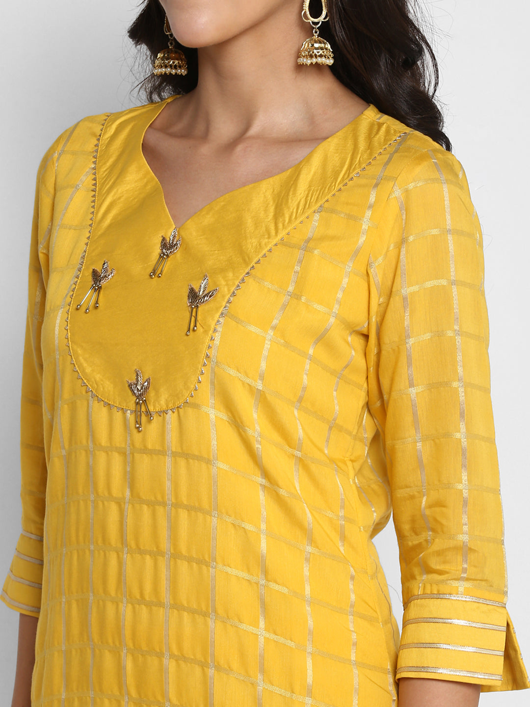 Women's Yellow Color Chanderi Silk Embroidered Straight Kurta Palazzo With Dupatta - VAABA
