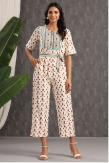 Women's Ivory Rayon Printed Ethnic Jumpsuit with Belt - Juniper