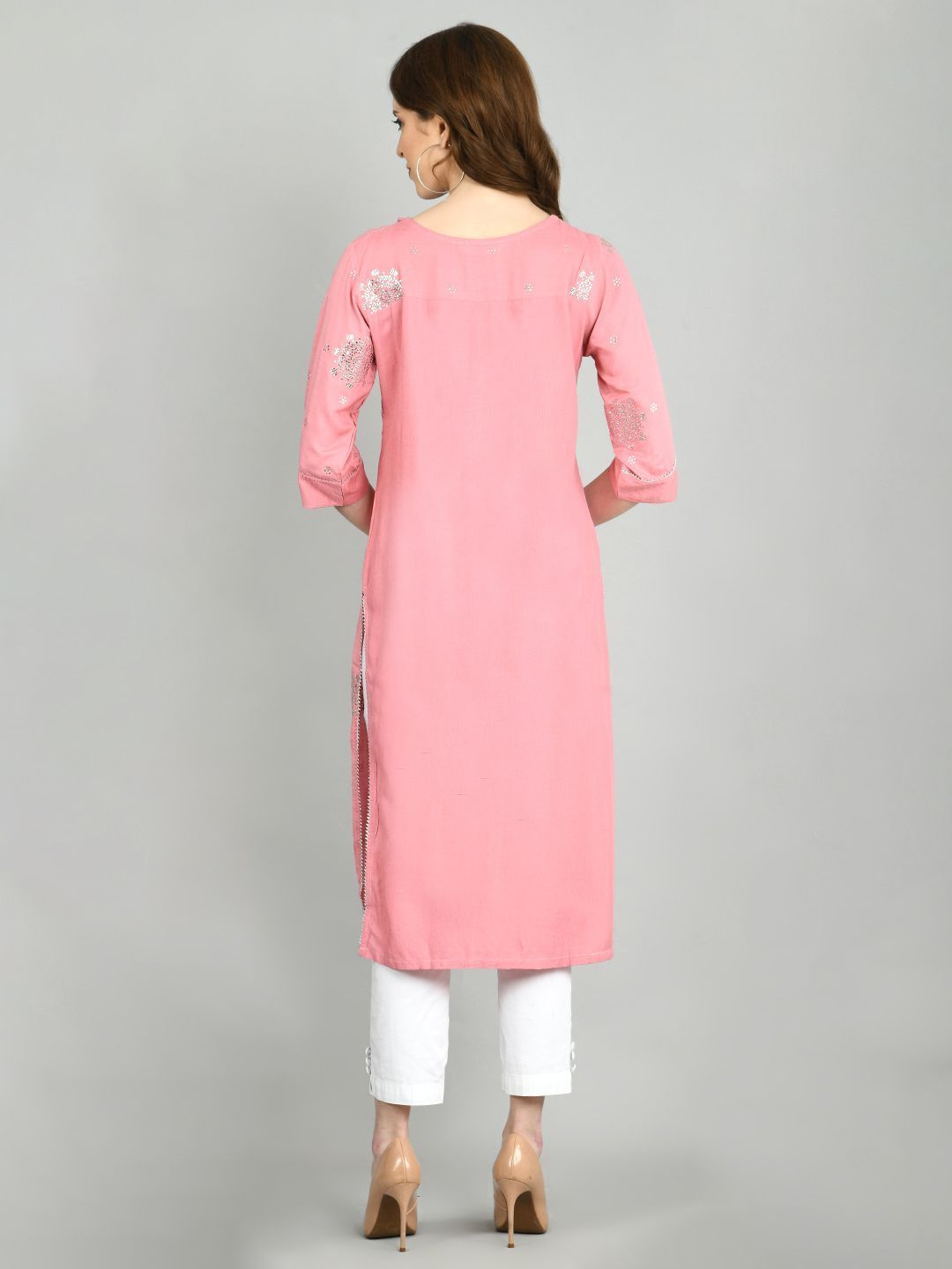 Women's Pink Cotton Printed 3/4 Sleeve Round Neck Casual Kurta Dupatta Set - Myshka