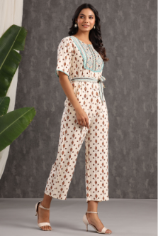 Women's Ivory Rayon Printed Ethnic Jumpsuit with Belt - Juniper
