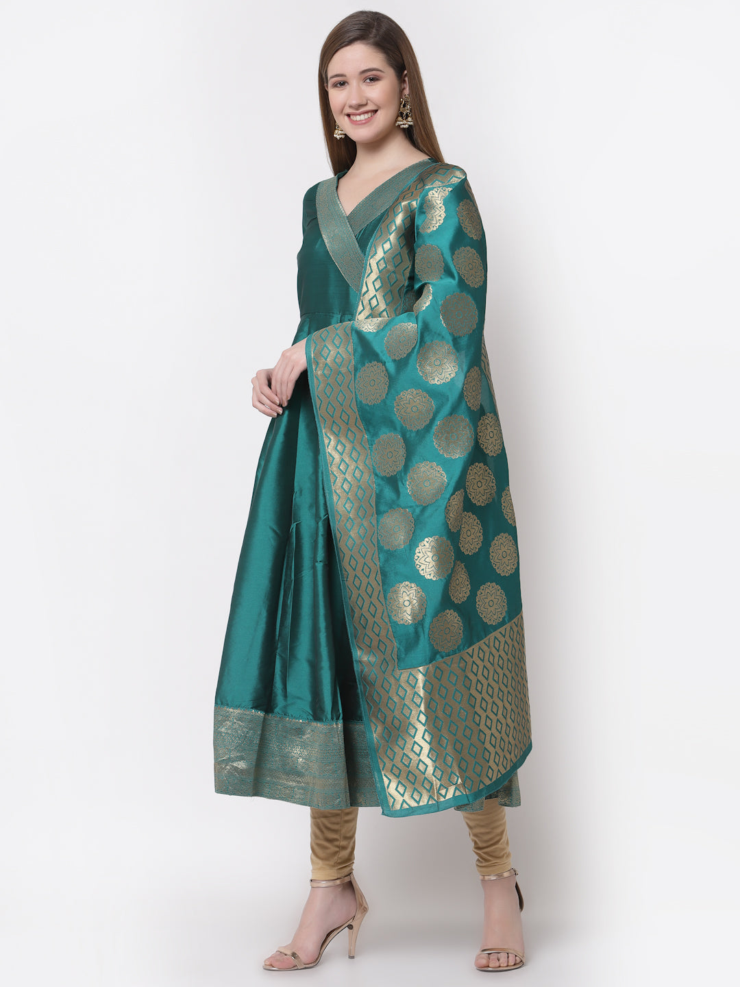 Women's Stylish Silk V Neck 3/4 Sleeve Solid Anarkali Gown with Dupatta  - Myshka