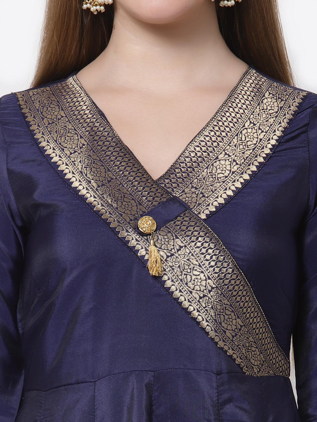 Women's Stylish Silk V Neck 3/4 Sleeve Solid Anarkali Gown with Dupatta  - Myshka