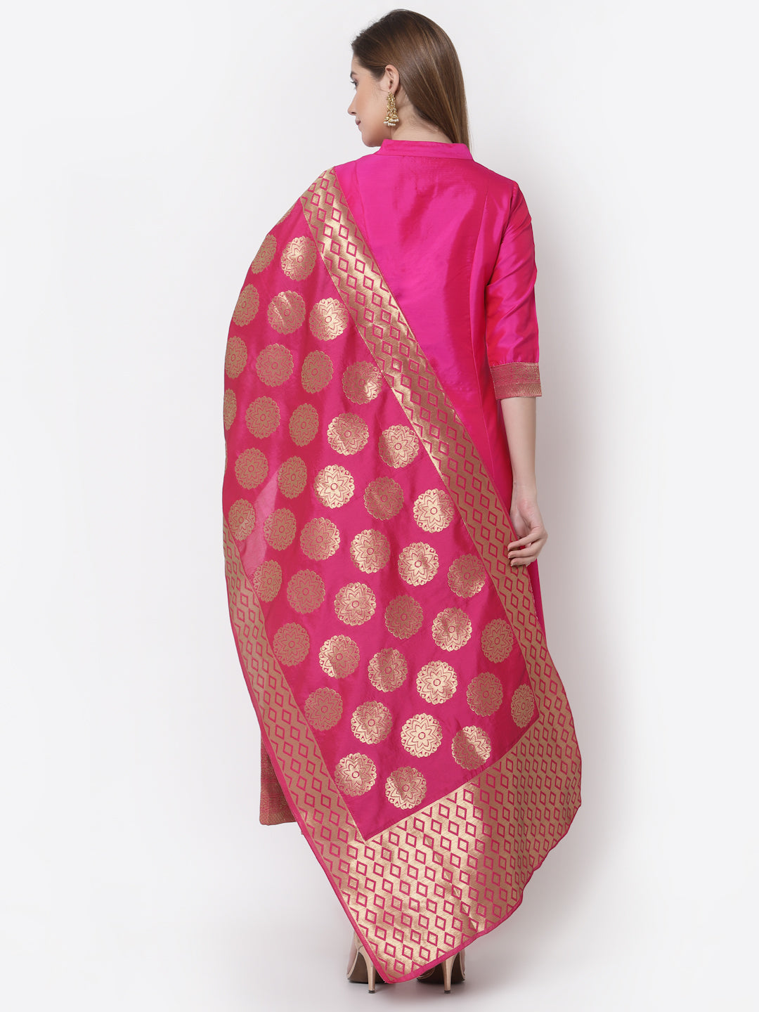 Women's Stylish Silk Mandarin Neck 3/4 Sleeve Solid Anarkali Gown with Dupatta  - Myshka