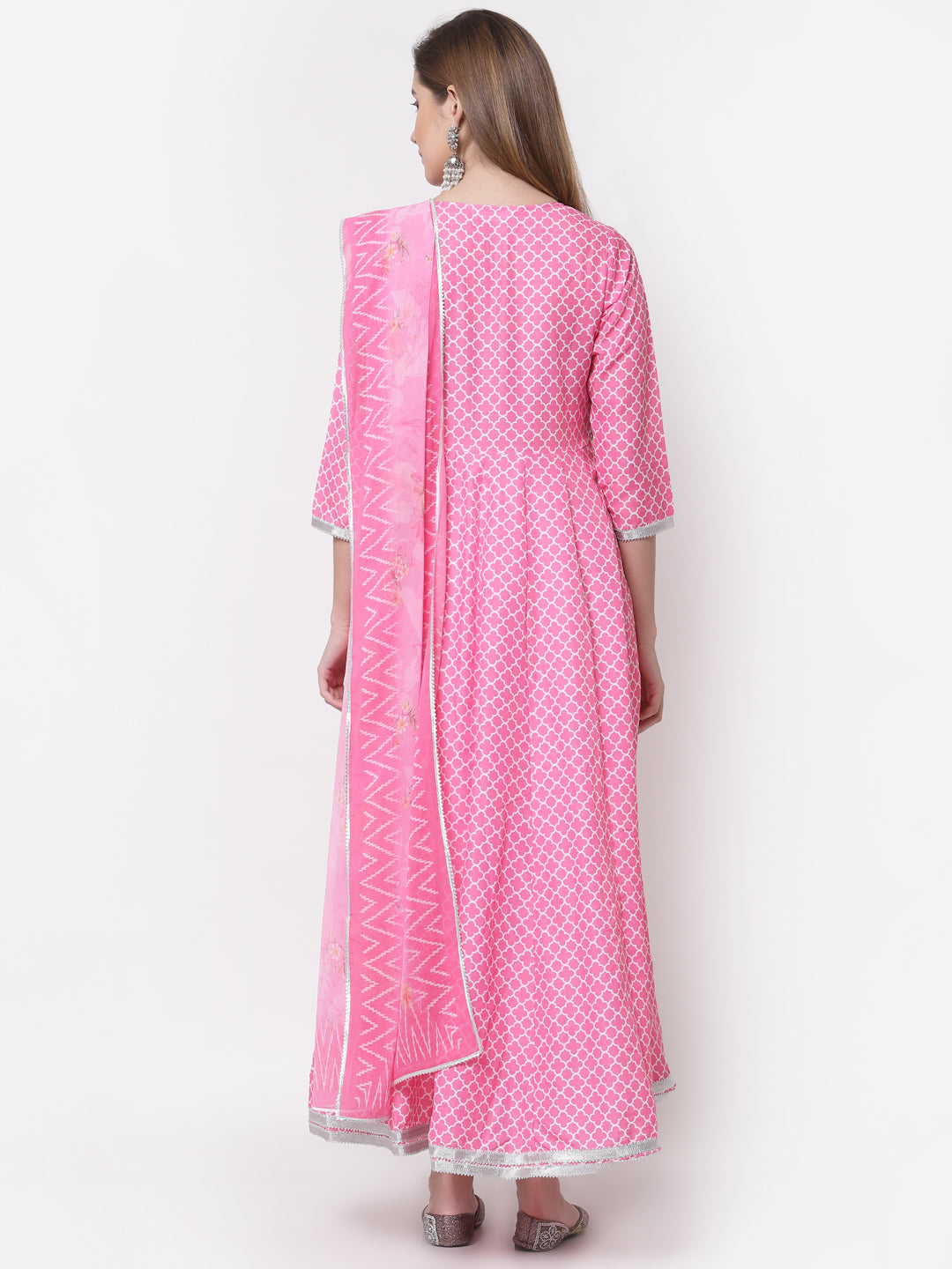 Women's Stylish Cotton Blend V Neck 3/4 Sleeve Printed Anarkali Kurta with Dupatta  - Myshka