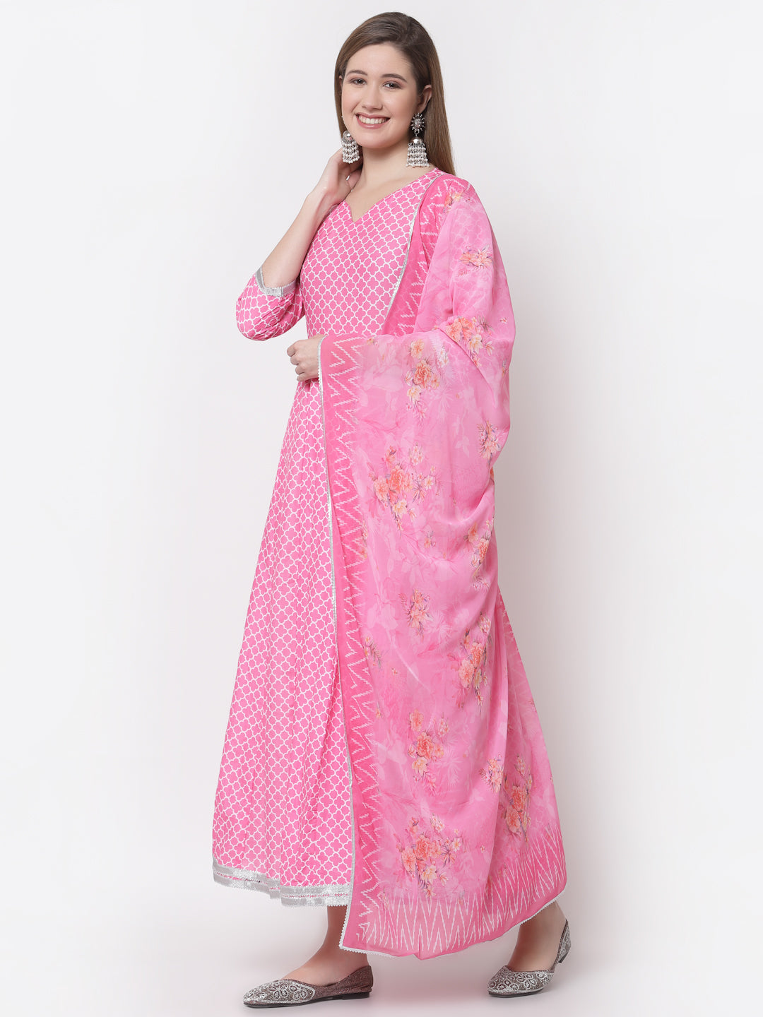 Women's Stylish Cotton Blend V Neck 3/4 Sleeve Printed Anarkali Kurta with Dupatta  - Myshka