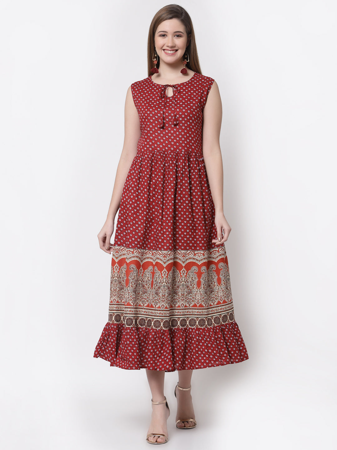 Women's Stylish Cotton Round Neck Sleeveless Printed Dress  - Myshka