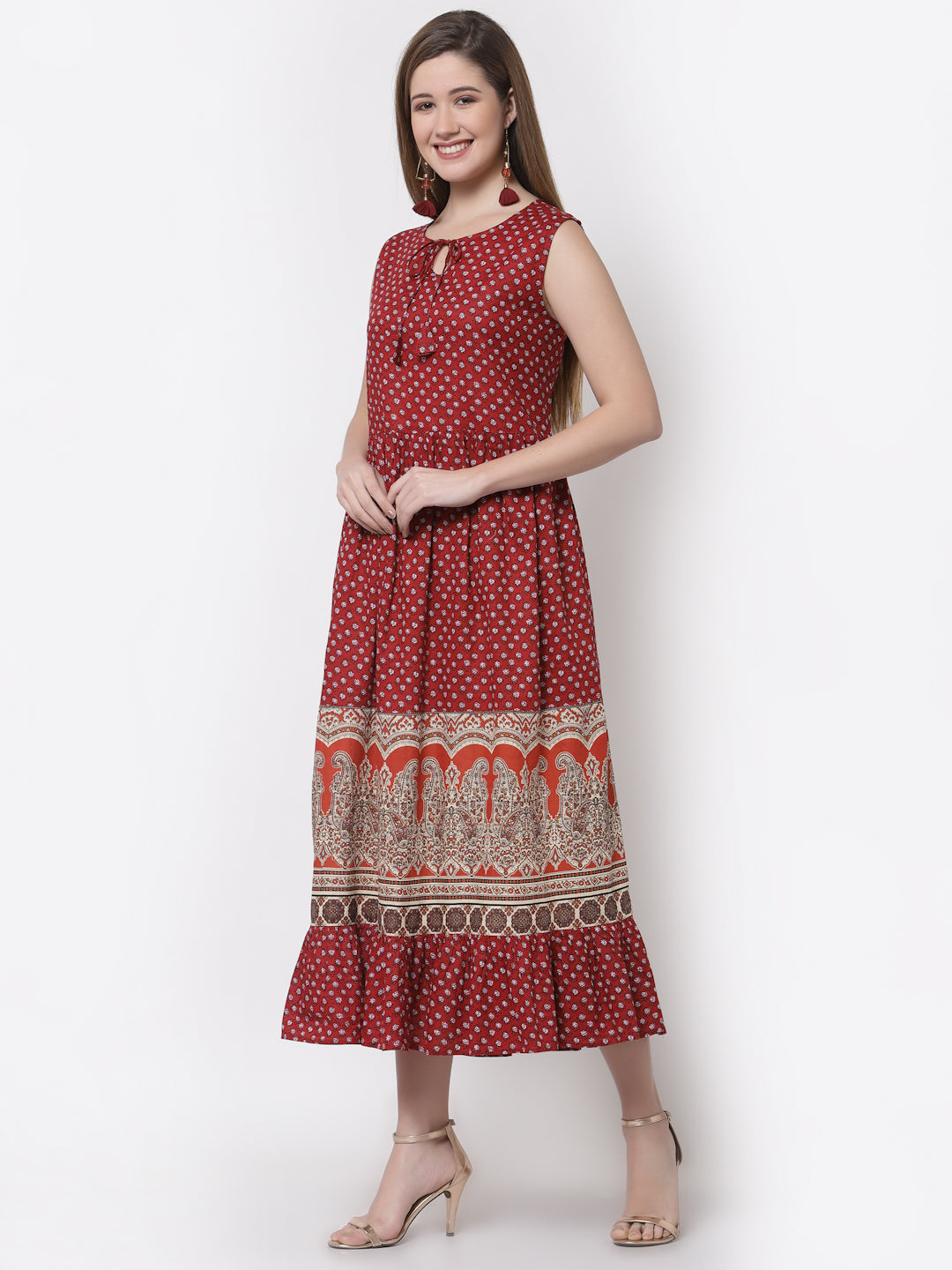 Women's Stylish Cotton Round Neck Sleeveless Printed Dress  - Myshka