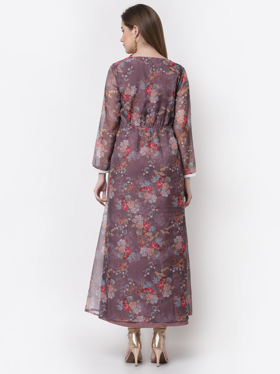 Women's Stylish Organza Round Neck Full Sleeve Printed Dress  - Myshka