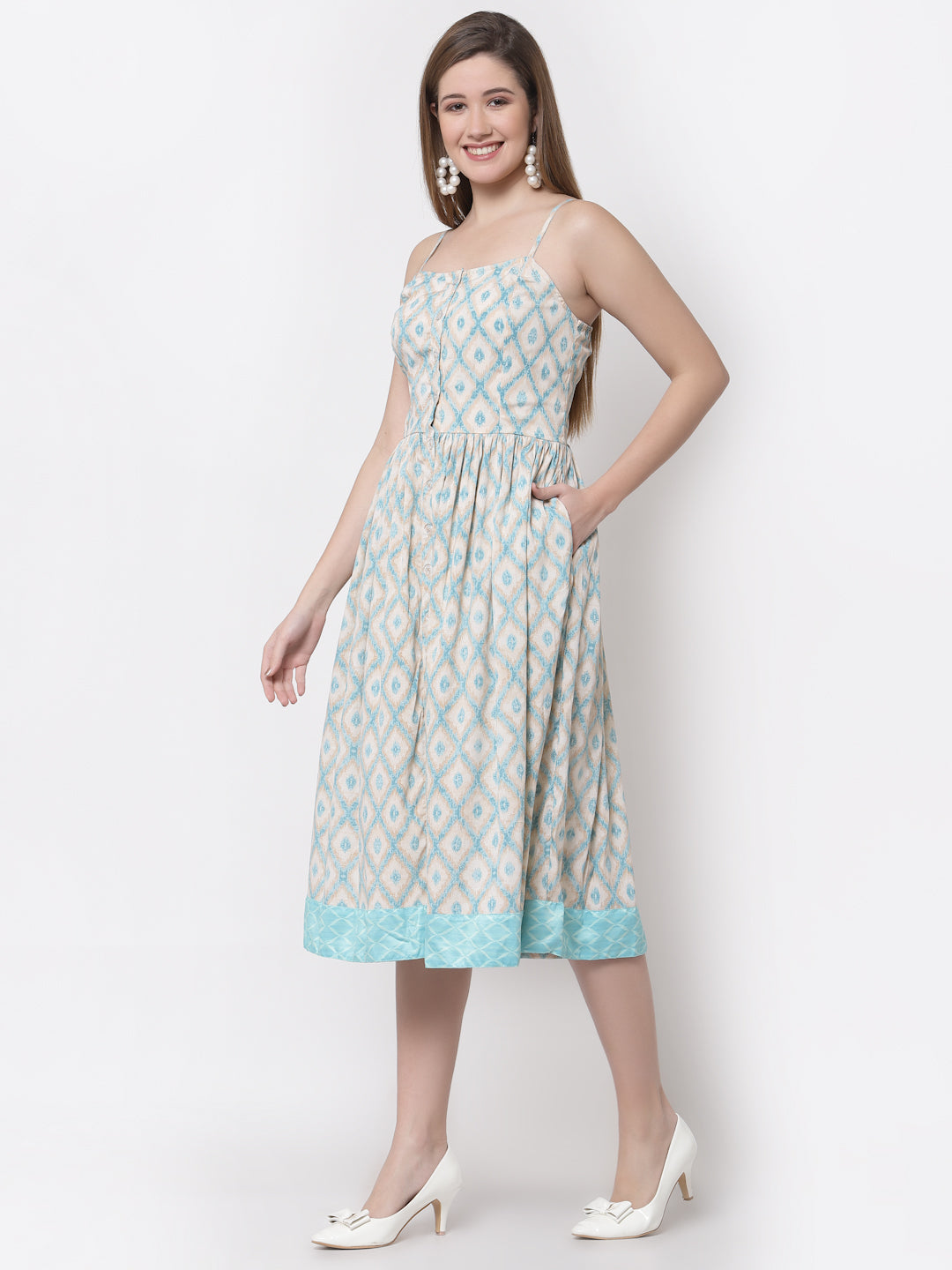 Women's Stylish Crepe Square Neck Sleeveless Printed Dress  - Myshka