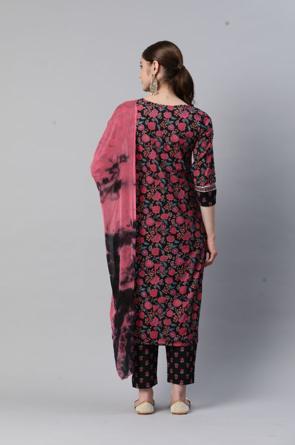 Women's Print & Embroidered Straight Cotton Pink Stitched Kurta Pant With Dupatta - Vbuyz