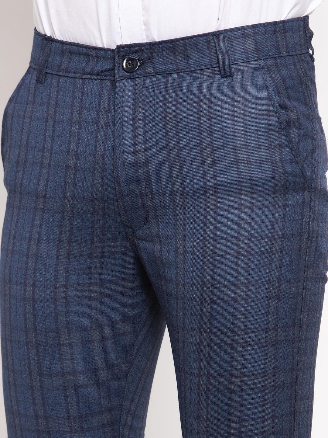 Men's Navy Cotton Checked Formal Trousers ( GP 259Navy-Blue ) - Jainish