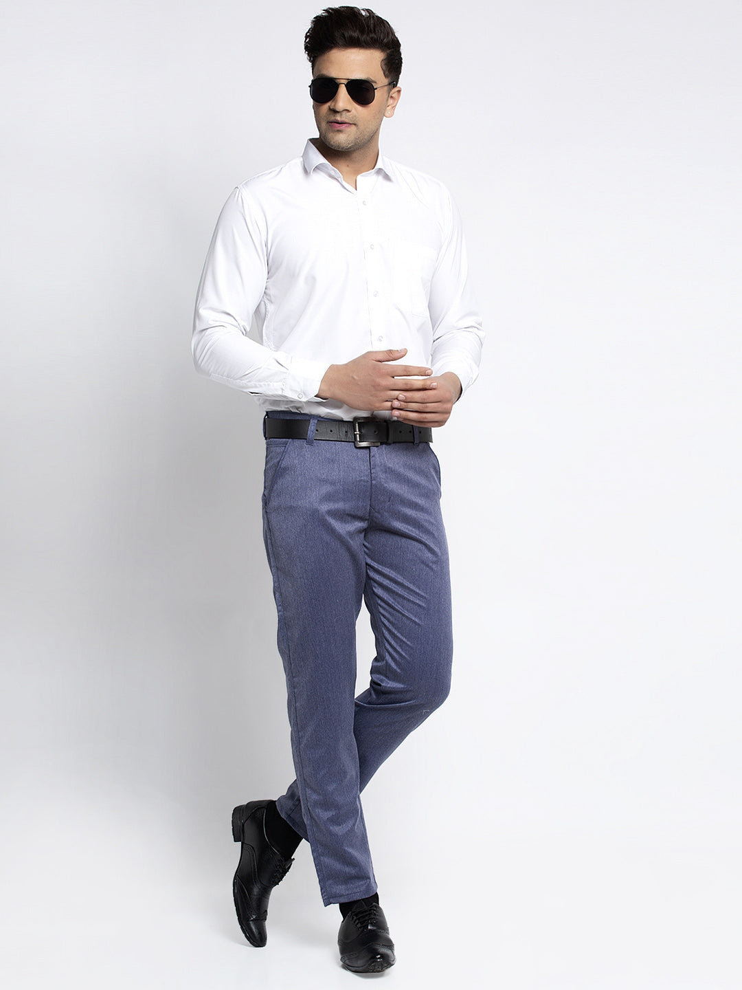 Men's Blue Cotton Solid Formal Trousers ( FGP 265Navy ) - Jainish