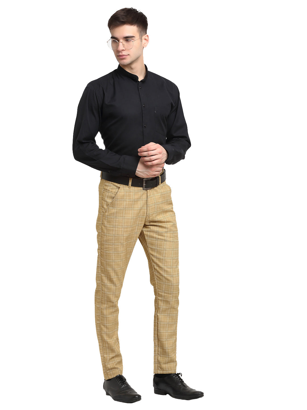 Men's Beige Cotton Checked Formal Trousers ( FGP 267Beige ) - Jainish