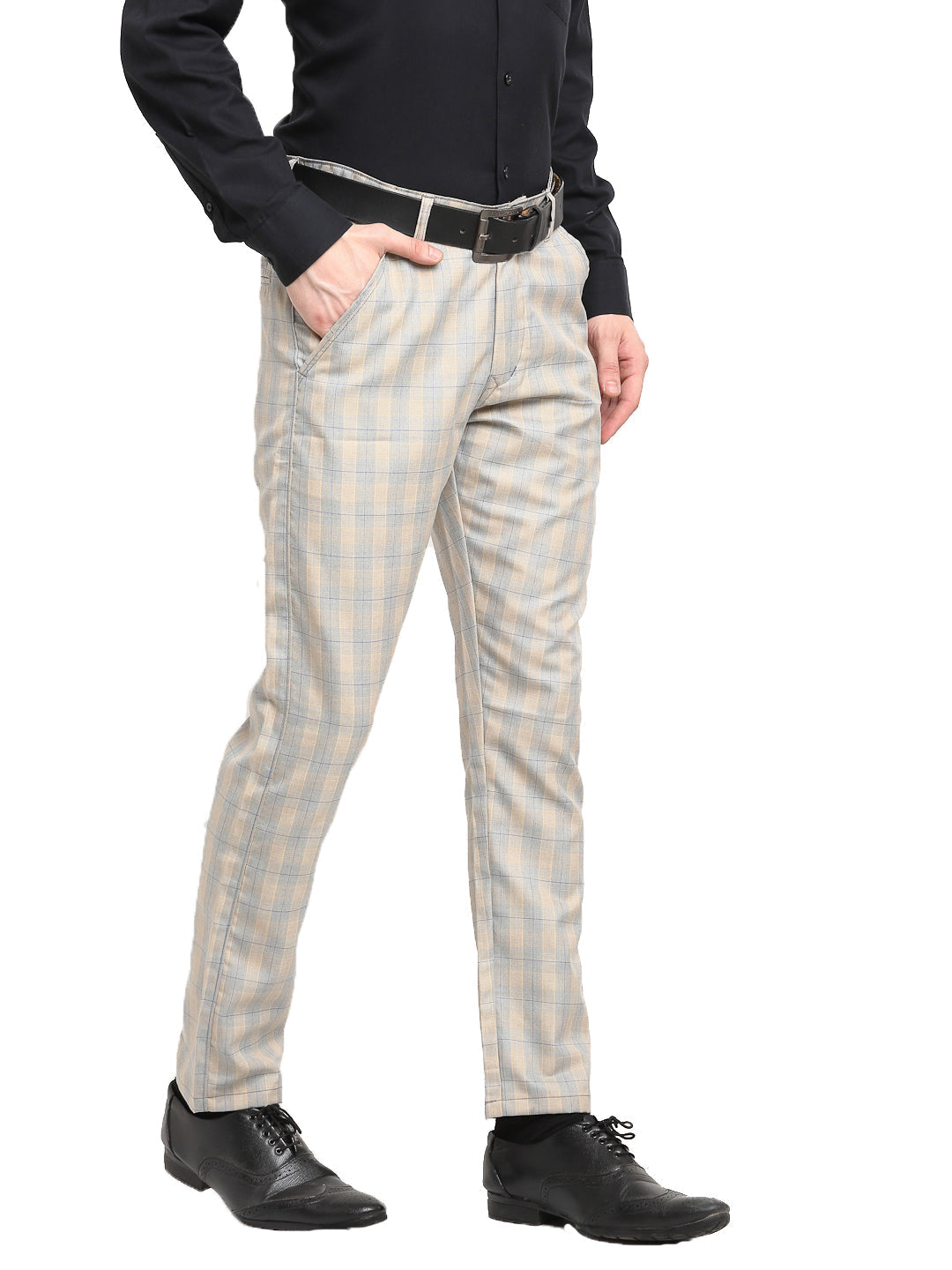 Men's Blue Cotton Checked Formal Trousers ( FGP 267Blue ) - Jainish