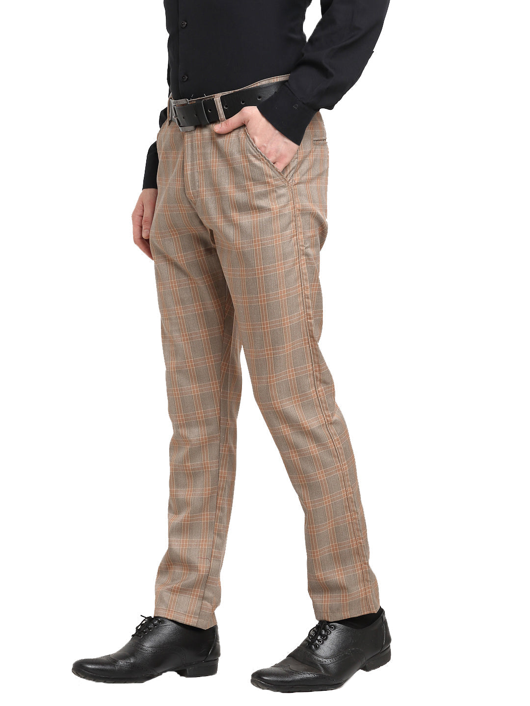 Men's Brown Cotton Checked Formal Trousers ( FGP 267Brown ) - Jainish