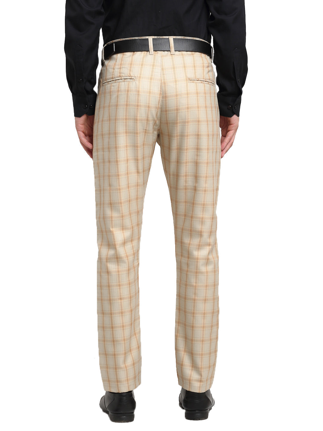 Men's Cream Cotton Checked Formal Trousers ( FGP 267Cream ) - Jainish