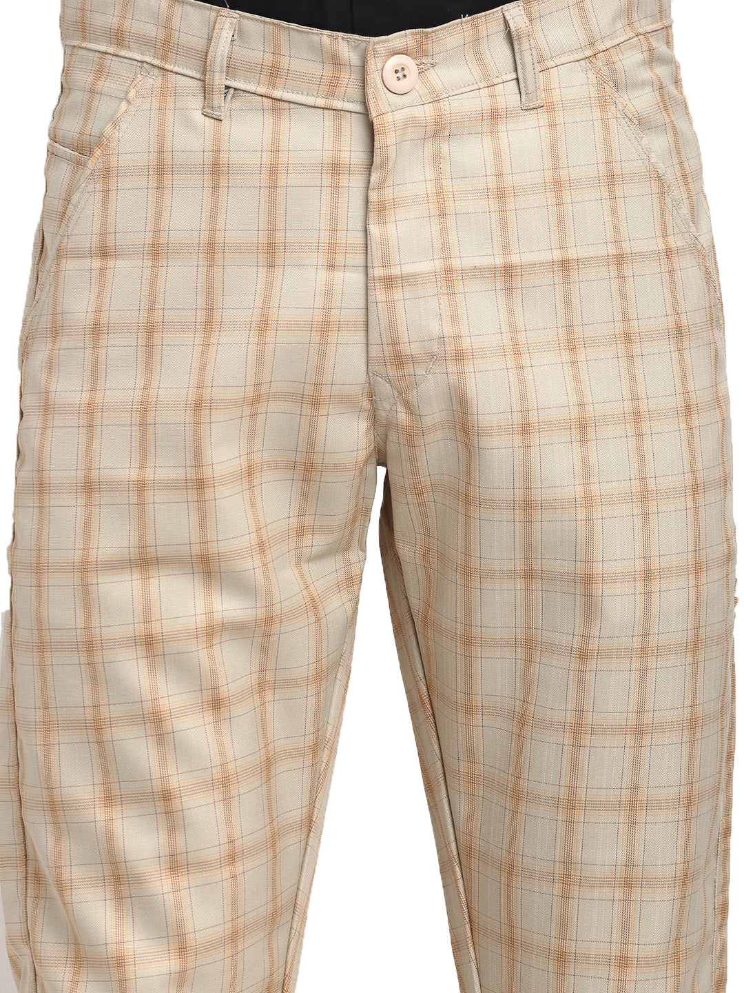 Men's Cream Cotton Checked Formal Trousers ( FGP 267Cream ) - Jainish