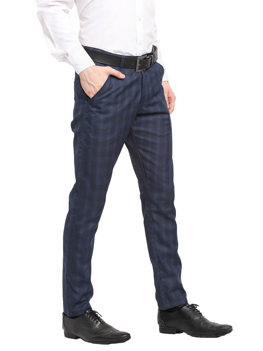 Men's Navy Blue Cotton Checked Formal Trousers ( FGP 267Navy ) - Jainish