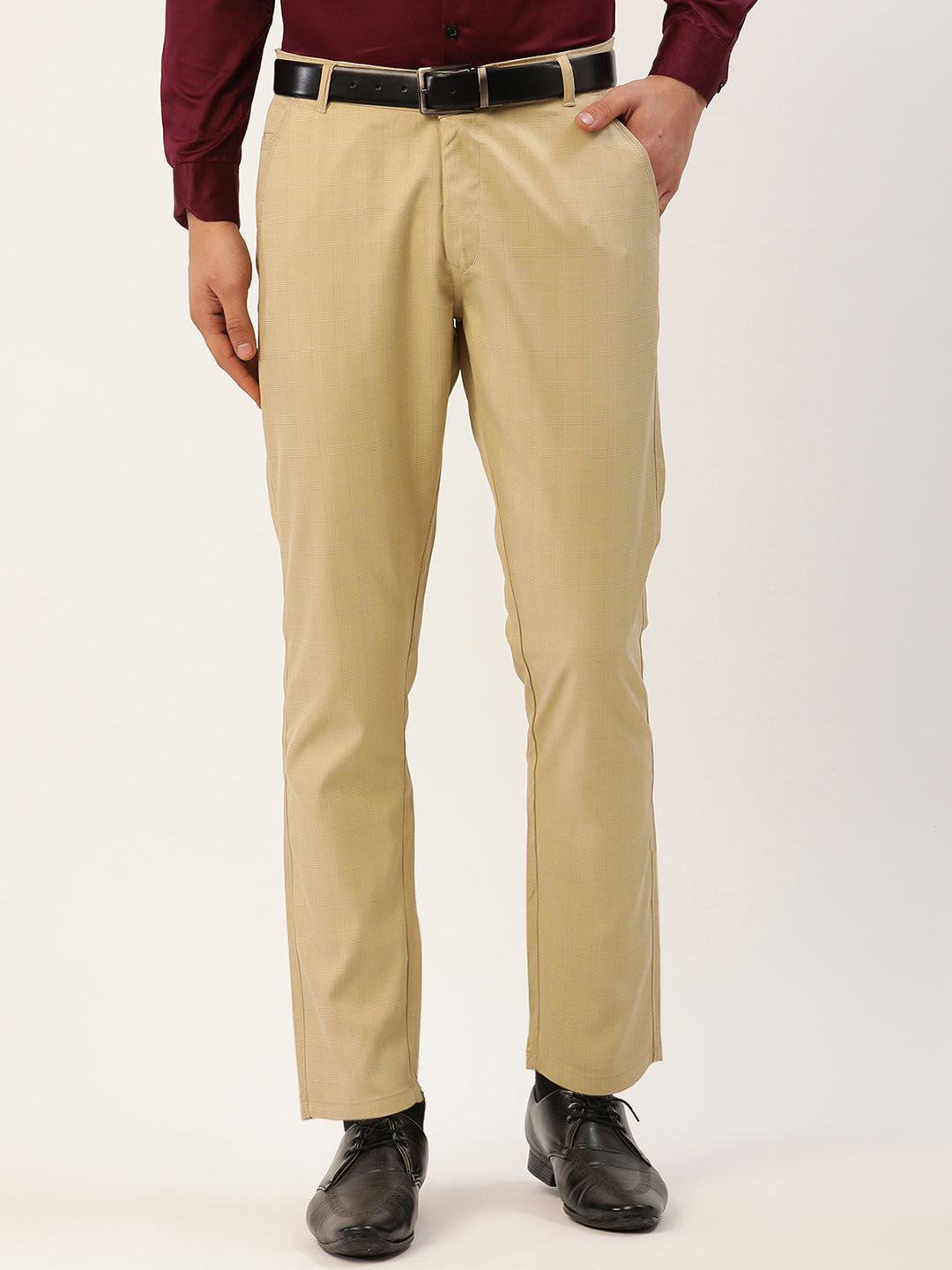 Men's Beige Checked Formal Trousers ( FGP 270 Beige ) - Jainish