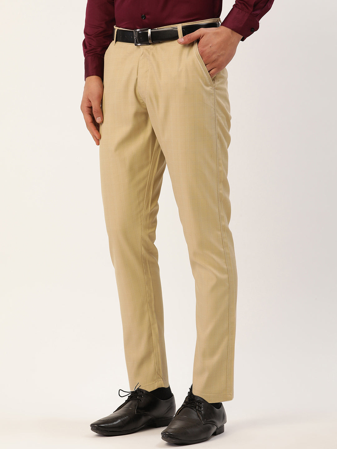 Men's Beige Checked Formal Trousers ( FGP 270 Beige ) - Jainish