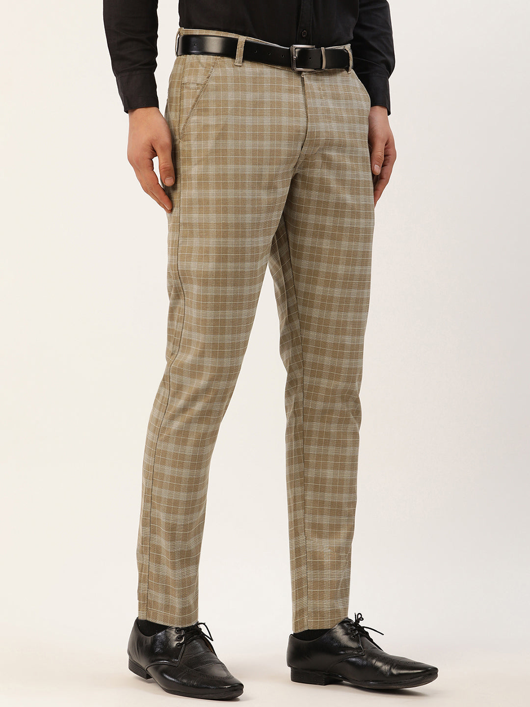 Men's Beige Tartan Checked Formal Trousers ( FGP 271 Beige ) - Jainish