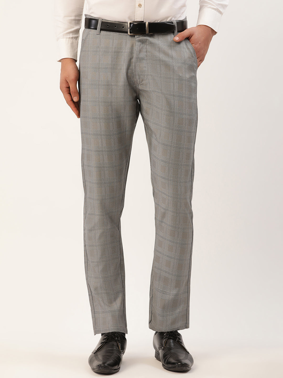 Men's Grey Window Checked Formal Trousers ( FGP 272 Grey ) - Jainish