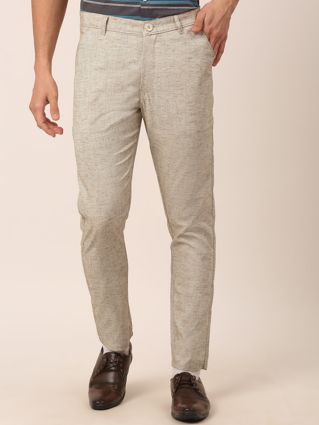 Men's Beige Linan Cotton Formal Trousers ( FGP 273 Beige ) - Jainish