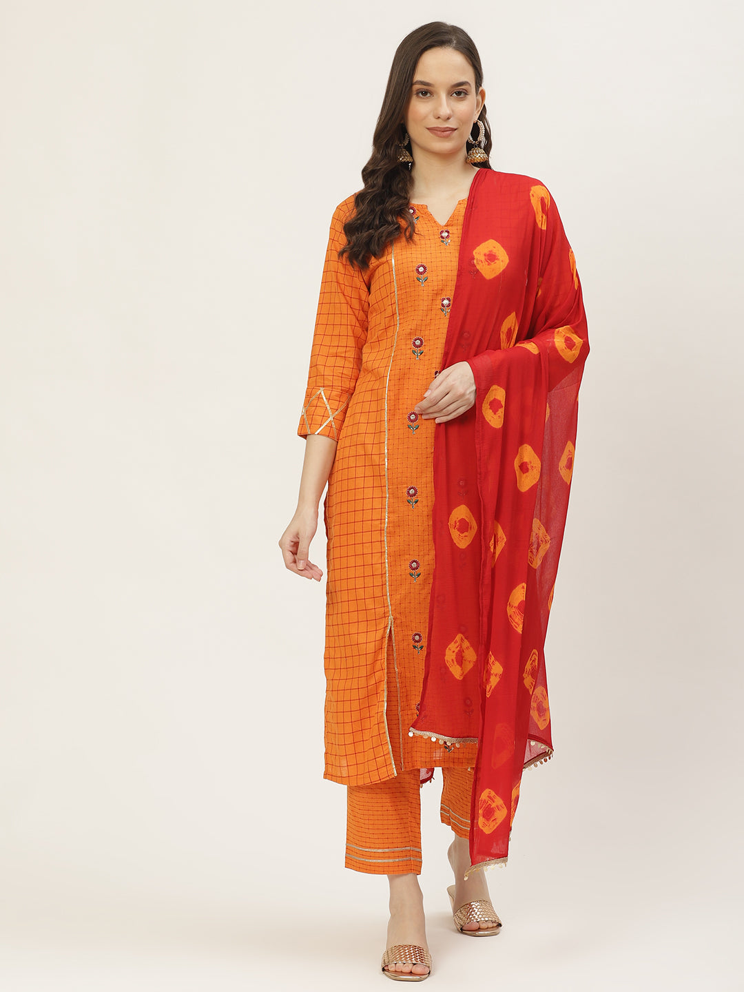Women's Cotton Blend Kurta And Pant With Dupatta Set - VAABA