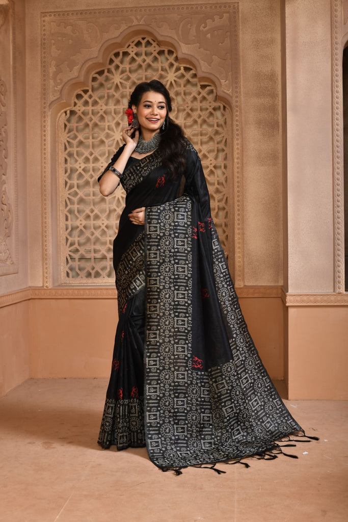 Women's Black Woven Handloom Raw Silk Saree with Tassels