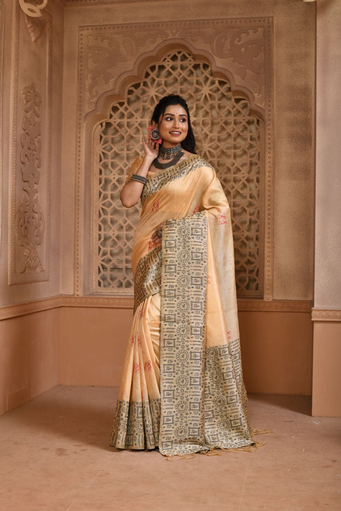 Women's Cream Woven Handloom Raw Silk Saree with Tassels