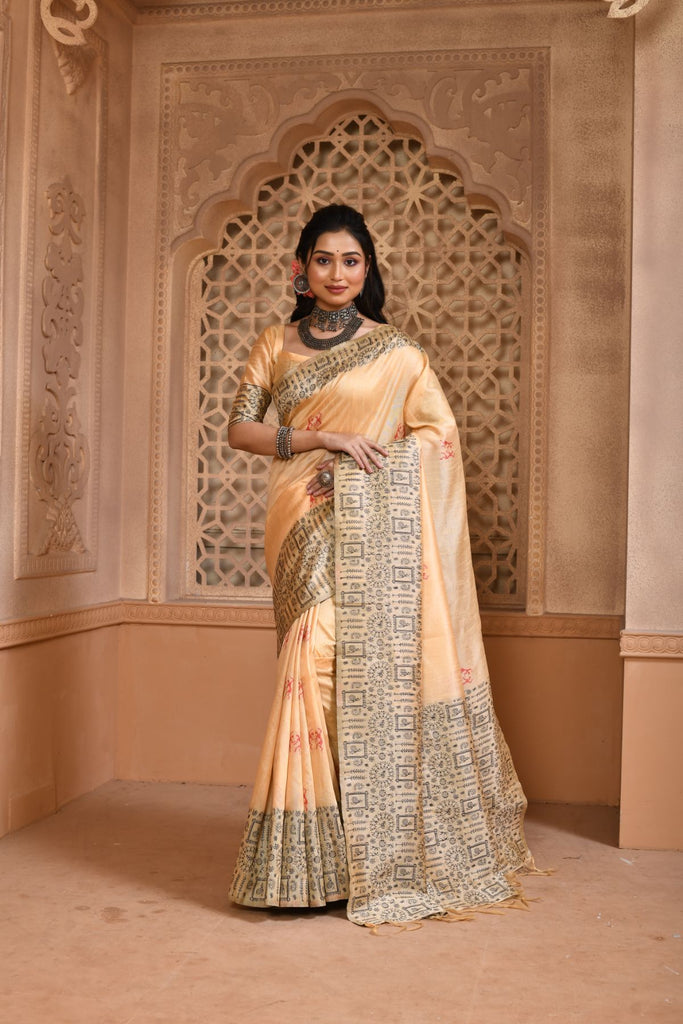 Women's Cream Woven Handloom Raw Silk Saree with Tassels